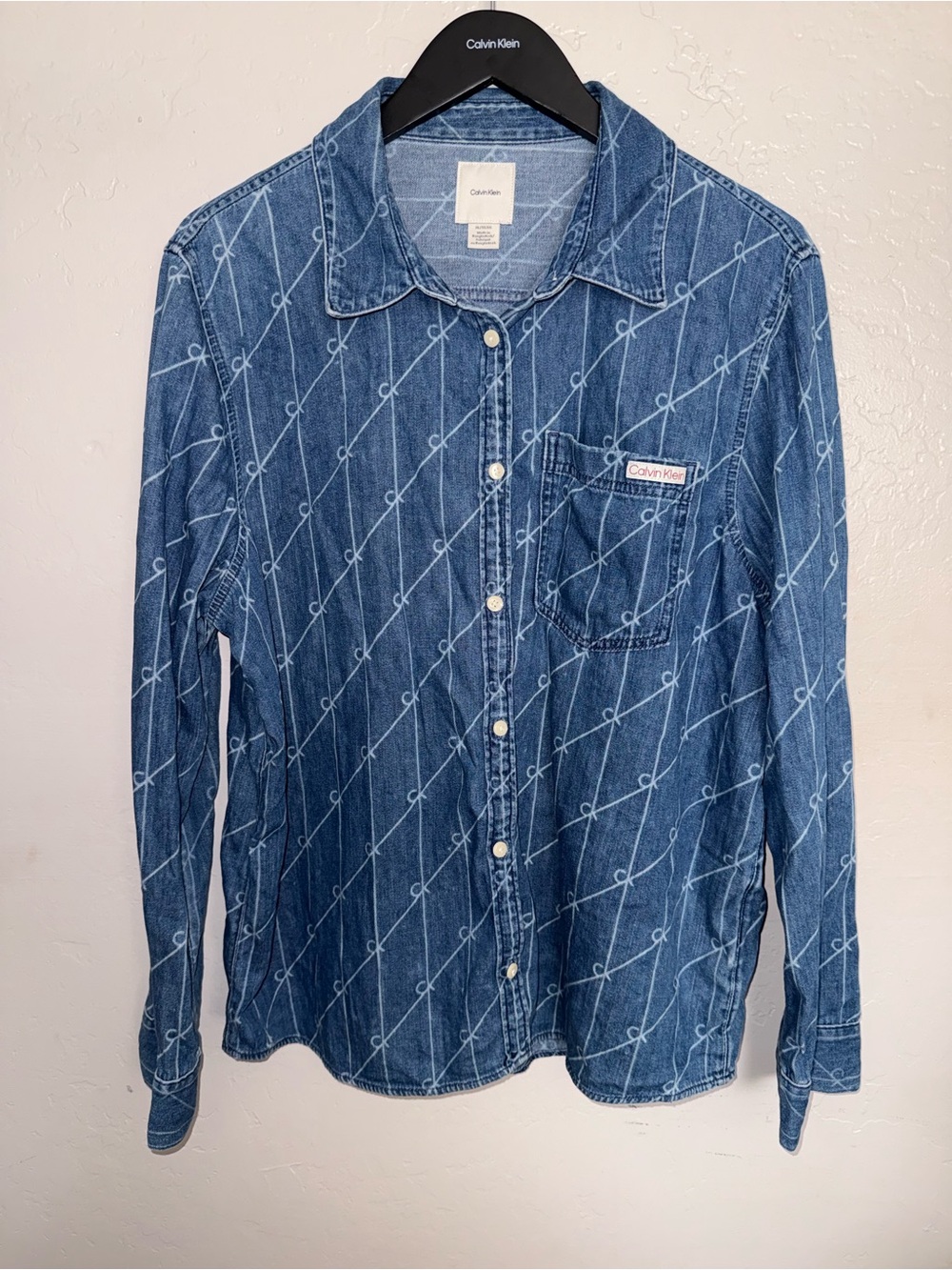 Calvin Klein Blue Denim Button-Down Shirt with CK All Over Print Monogram